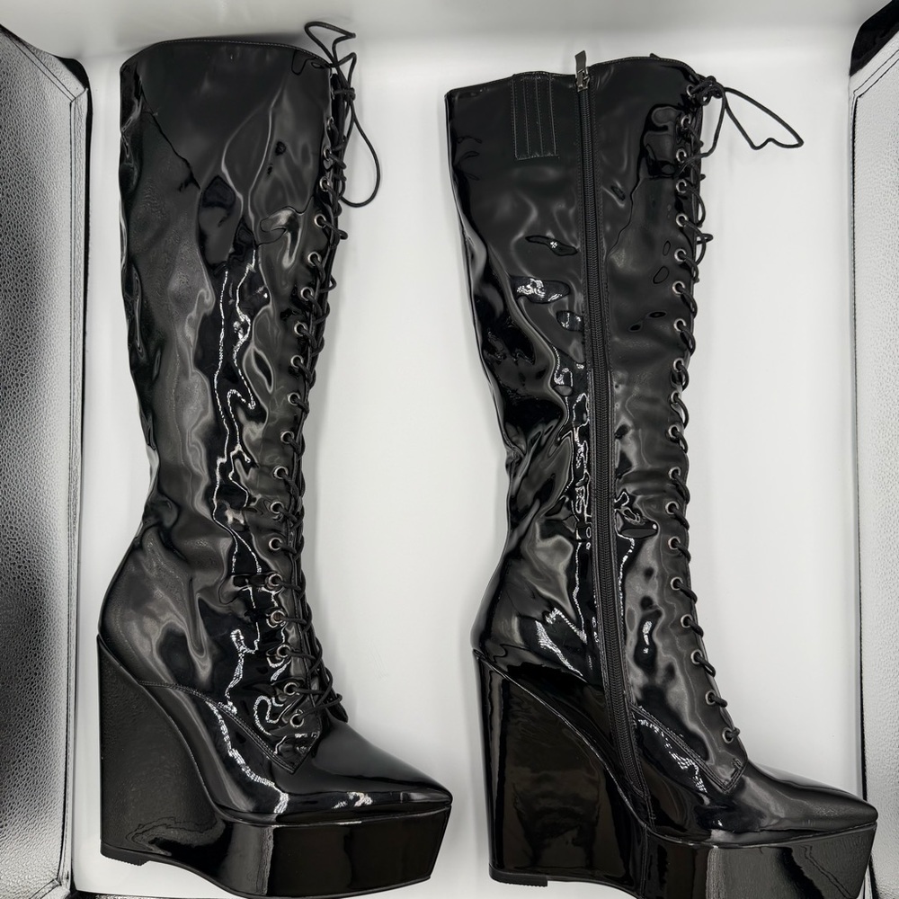 Black Pointed Platform Lace Up Zip Side Knee High Whimsigoth Goth Punk Boot 10 - Picture 5 of 7